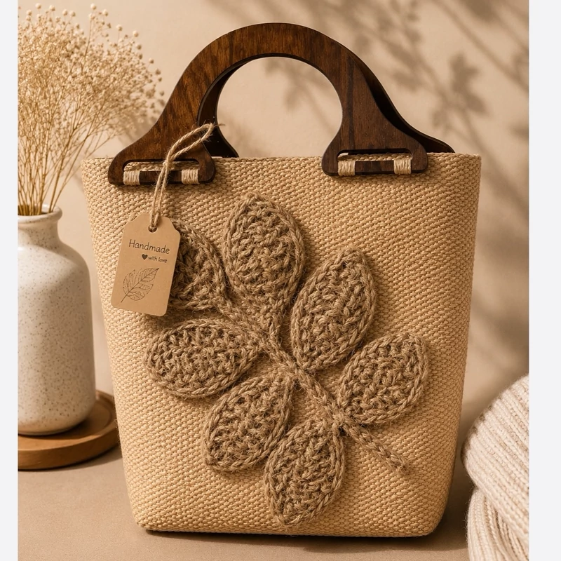 کیف حصیری دسته چوبی